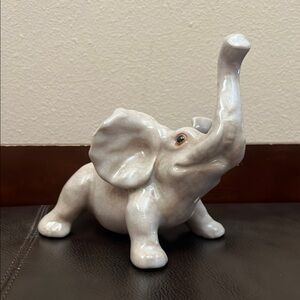 Vtg Elephant Crackle Glazed Ceramic Figurine Trunk Up